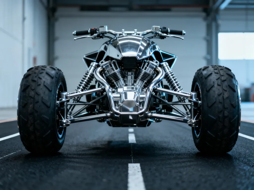 Futurystyczny motocykl Dodge Tomahawk z czterema kołami i wyeksponowanym, potężnym silnikiem na torze wyścigowym.