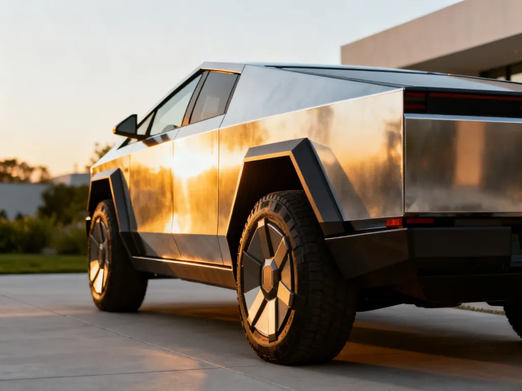 Futurystyczny Tesla Cybertruck zaparkowany na nowoczesnym podjeździe w świetle zachodzącego słońca.