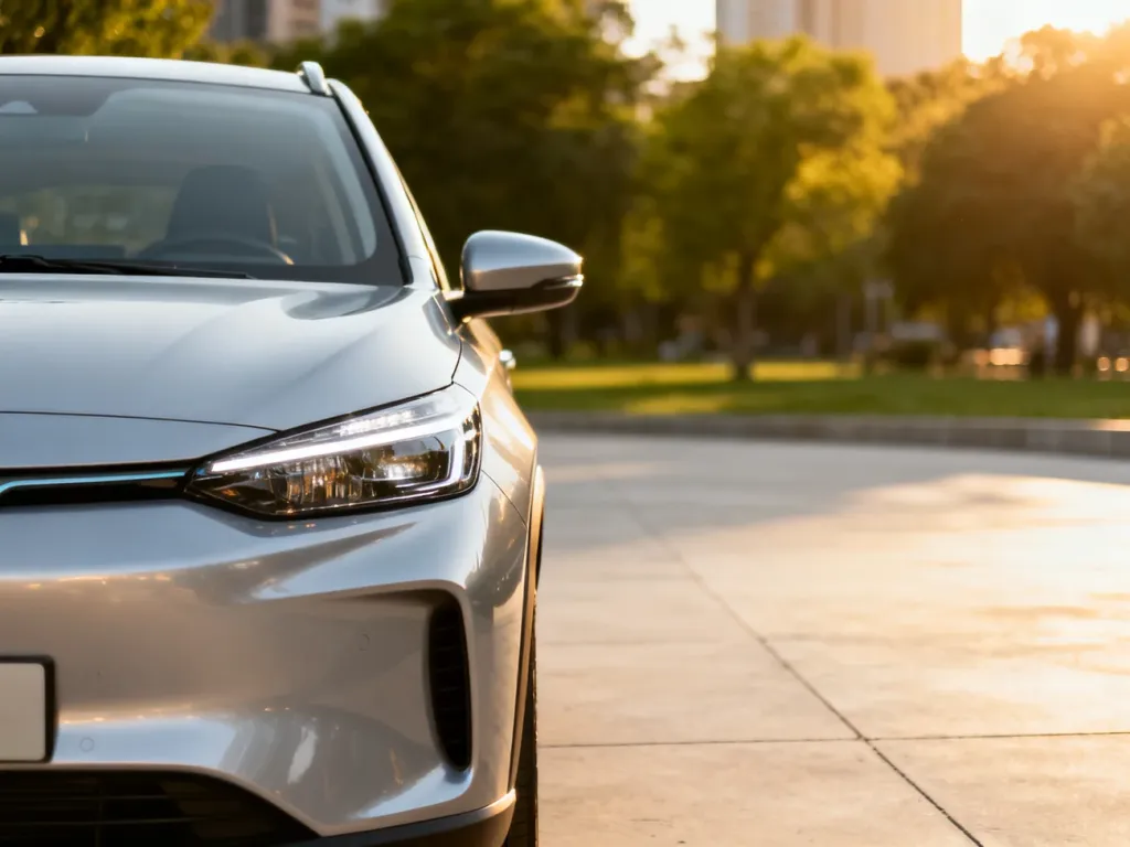 Srebrna Toyota Yaris Cross zaparkowana na nowoczesnym podjeździe w słoneczny dzień. Widok na przednią część nadwozia.