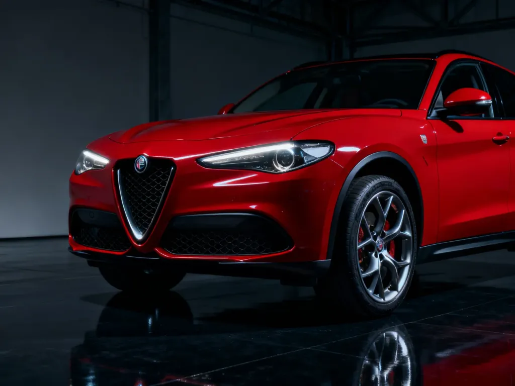 Czerwony Alfa Romeo Stelvio Quadrifoglio w profesjonalnym studiu, podkreślający sportową sylwetkę i detale nadwozia.