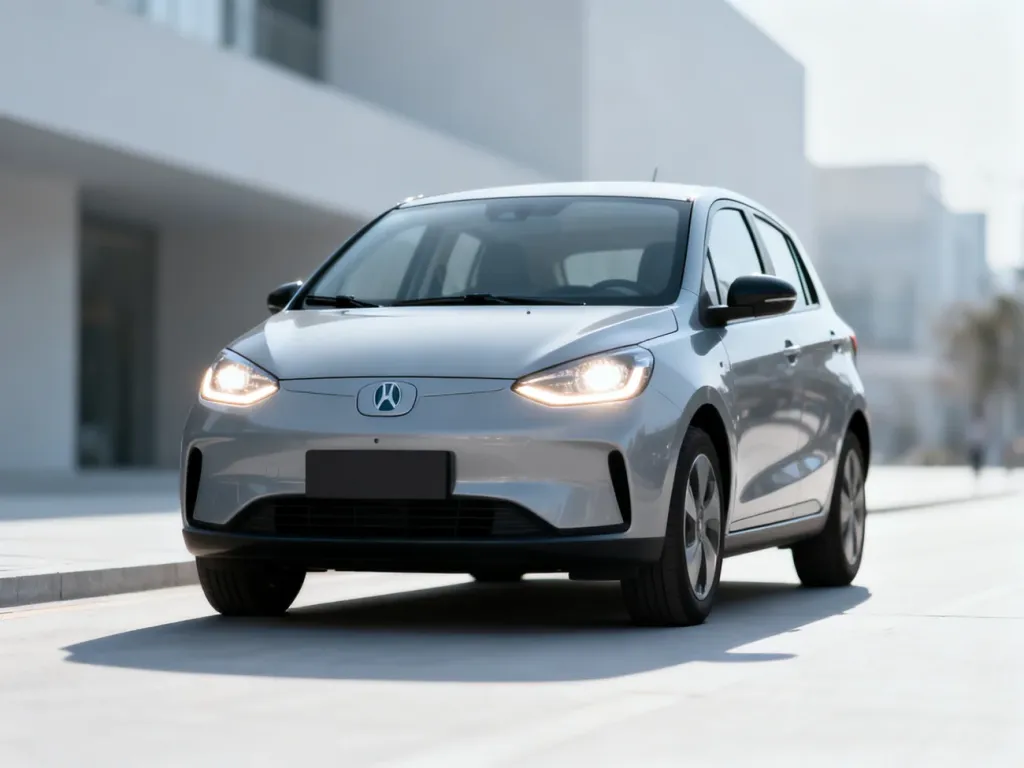 Nowoczesny, elektryczny Renault 5 zaparkowany na minimalistycznej ulicy miejskiej, prezentujący swój charakterystyczny przód.