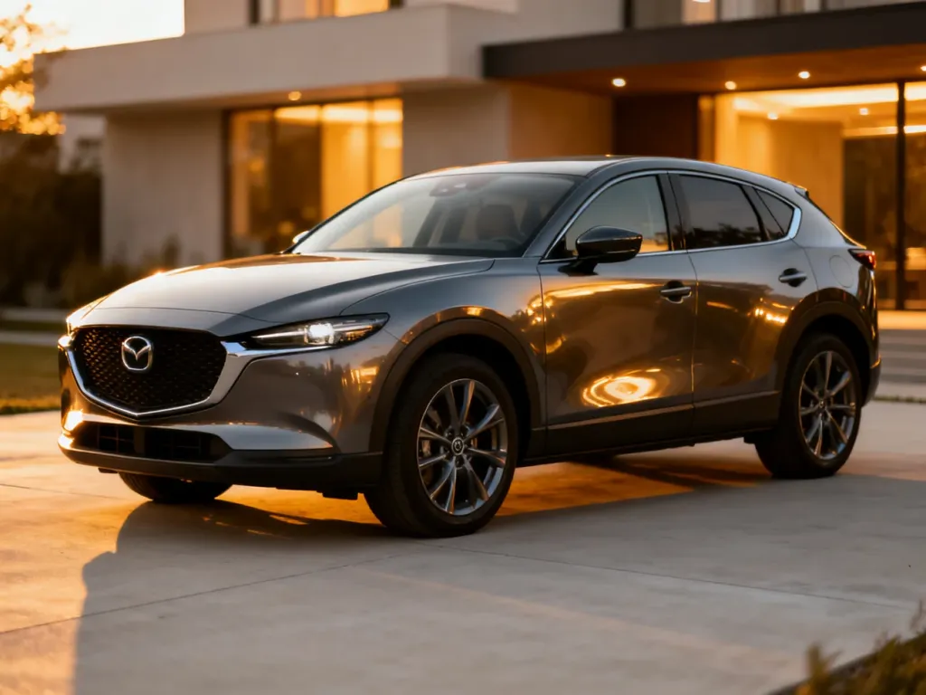 Elegancka Mazda CX-60 zaparkowana na nowoczesnym podjeździe w świetle zachodzącego słońca.