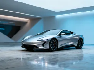 Nowoczesny, biały SUV marki Tesla zaparkowany na podjeździe w świetle zachodzącego słońca.