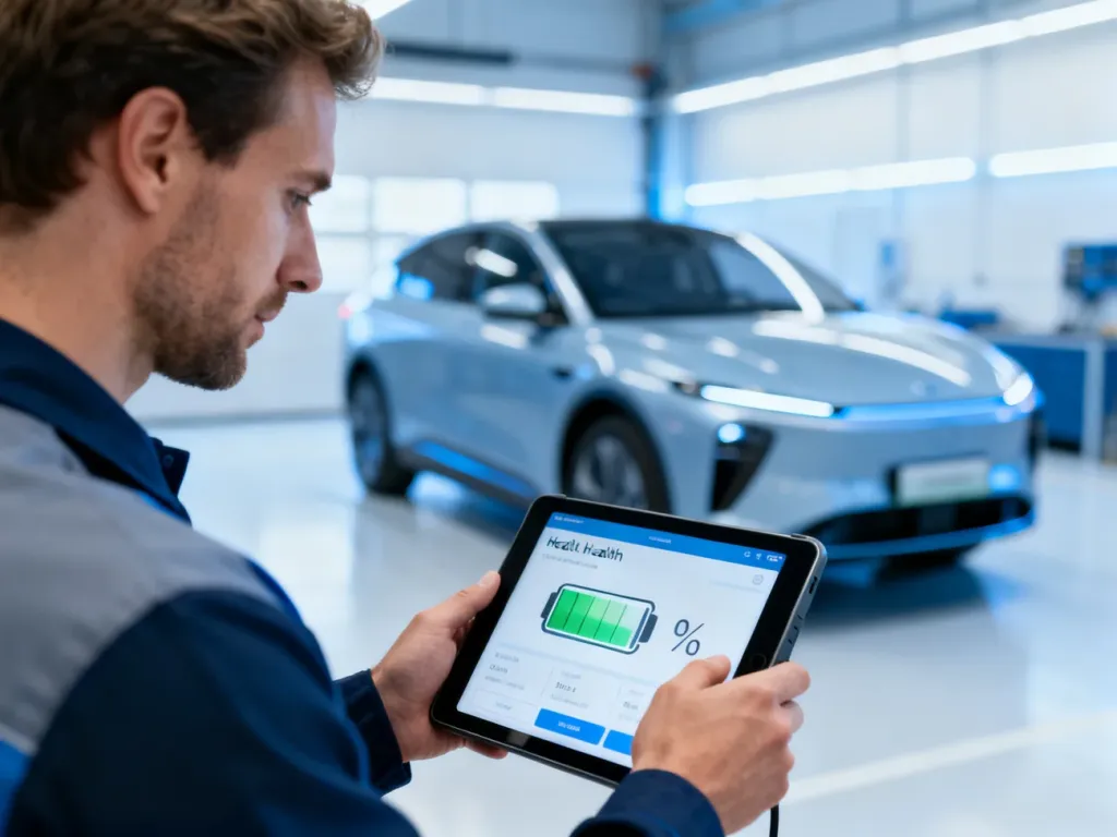 Mężczyzna sprawdza stan baterii samochodu elektrycznego przy użyciu tabletu diagnostycznego w nowoczesnym garażu.