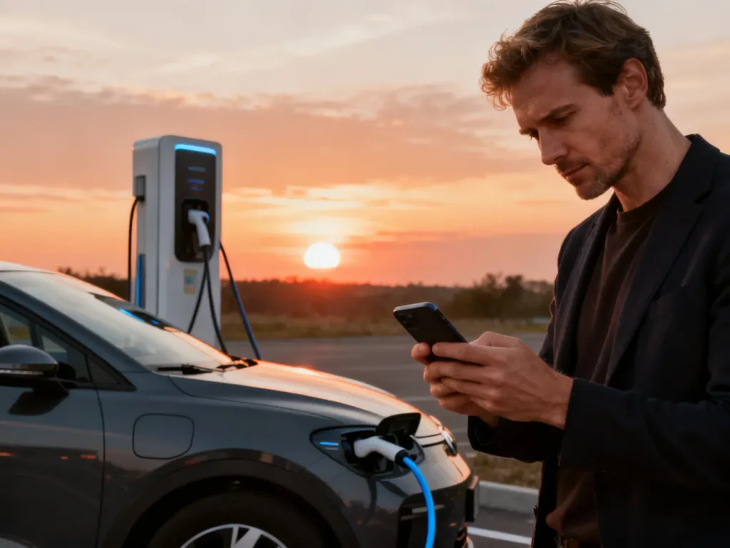 Mężczyzna przy stacji ładowania sprawdza w telefonie postęp ładowania samochodu elektrycznego o zachodzie słońca.