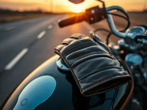 Uszkodzony motocykl leżący na asfalcie z widocznymi zarysowaniami i rozbitym lusterkiem po kolizji drogowej.