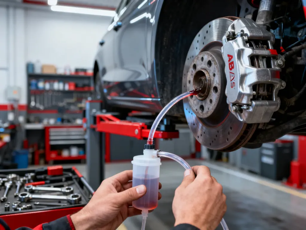 Mechanik odpowietrzający układ hamulcowy z systemem ABS przy użyciu przezroczystego wężyka i zacisku hamulcowego.