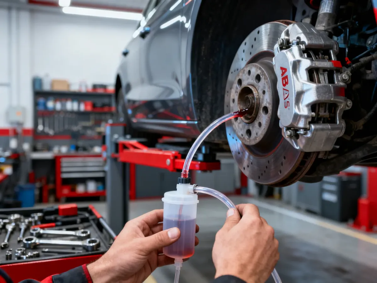 Mechanik odpowietrzający układ hamulcowy z systemem ABS przy użyciu przezroczystego wężyka i zacisku hamulcowego.