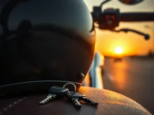 Lśniący zbiornik paliwa motocykla z odbiciem zachodzącego słońca na tle zlotu motocyklowego na otwartym lotnisku.