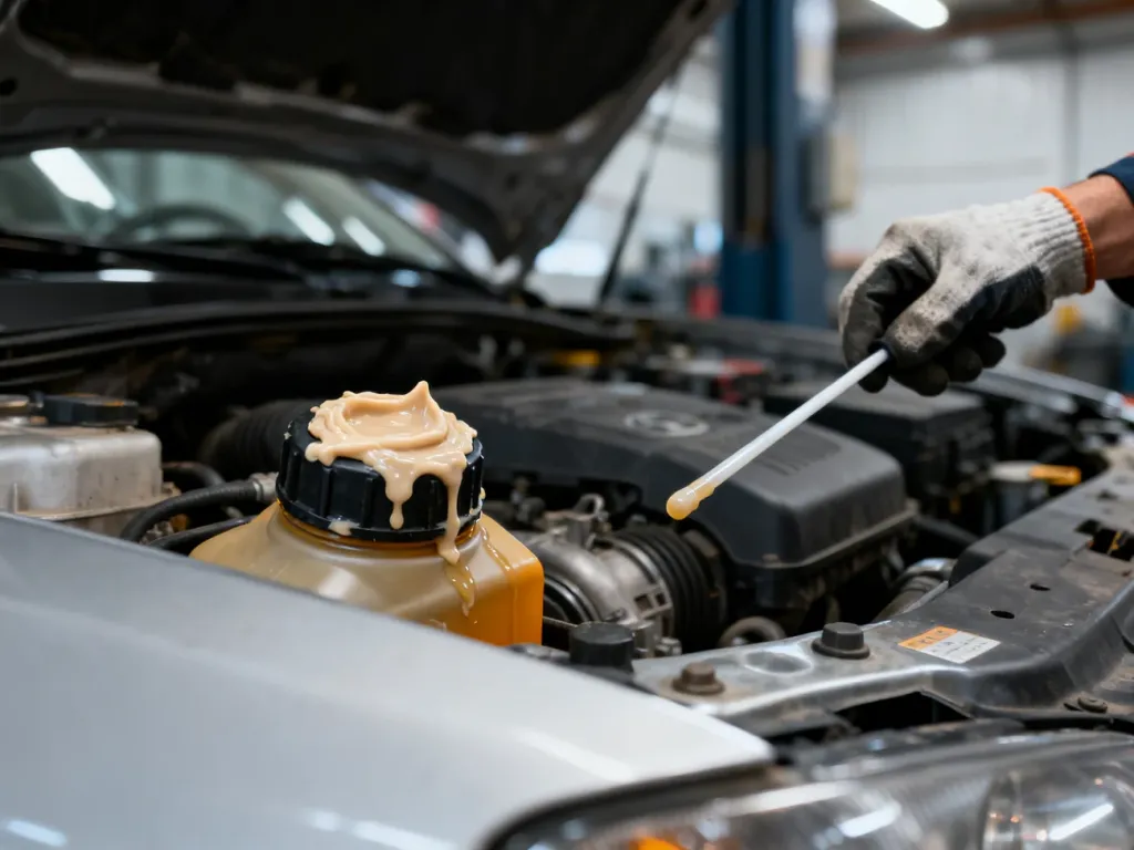 Korek wlewu oleju z jasnym osadem przypominającym masło oraz dłoń mechanika przy silniku w warsztacie.