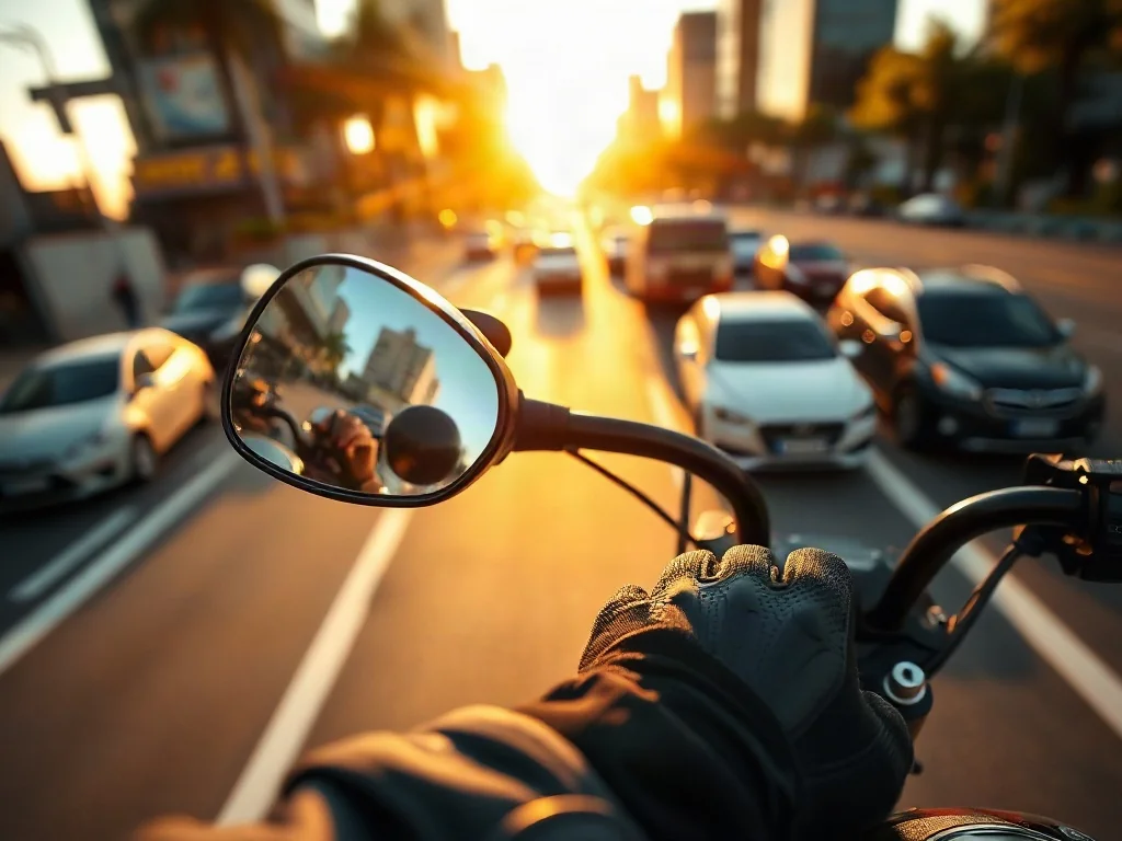 Widok z perspektywy kierowcy motocykla stojącego w korku, z dłonią na manetce i widocznymi w lusterku samochodami.