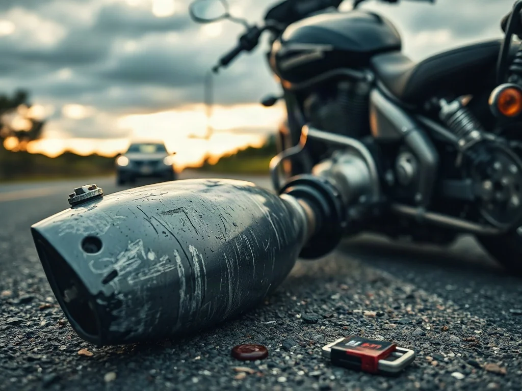 Uszkodzony motocykl leżący na asfalcie z widocznymi zarysowaniami i rozbitym lusterkiem po kolizji drogowej.