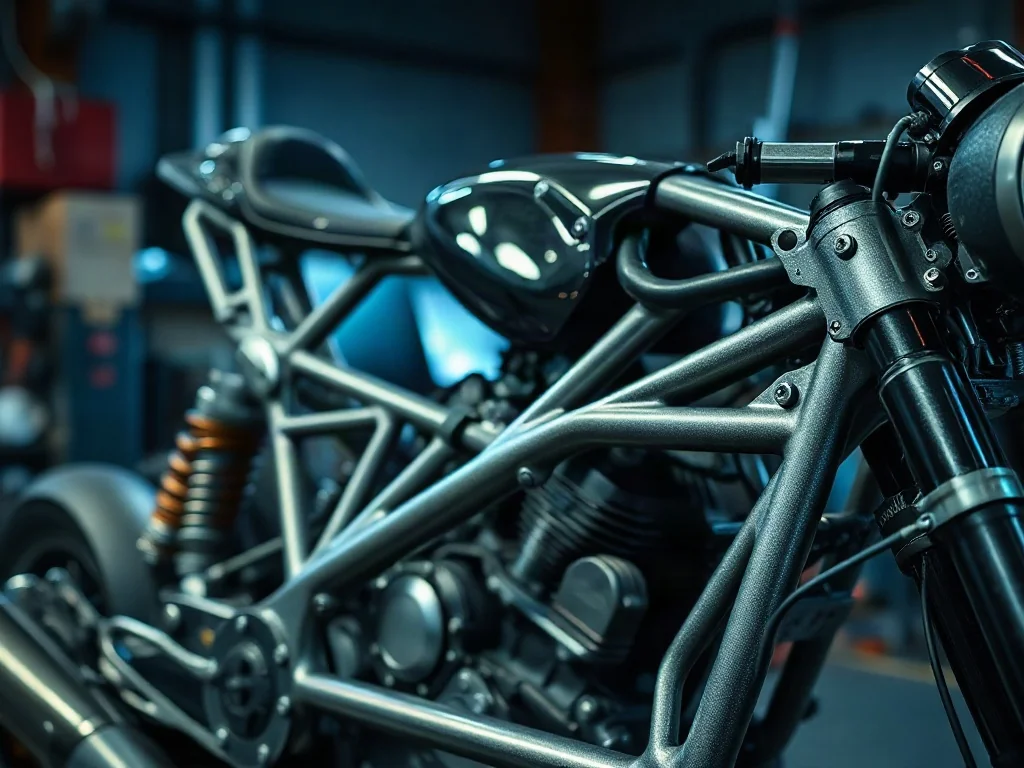 Stalowa rama kratownicowa motocykla w warsztacie, ukazująca precyzyjne spawy i surową, industrialną konstrukcję podwozia.