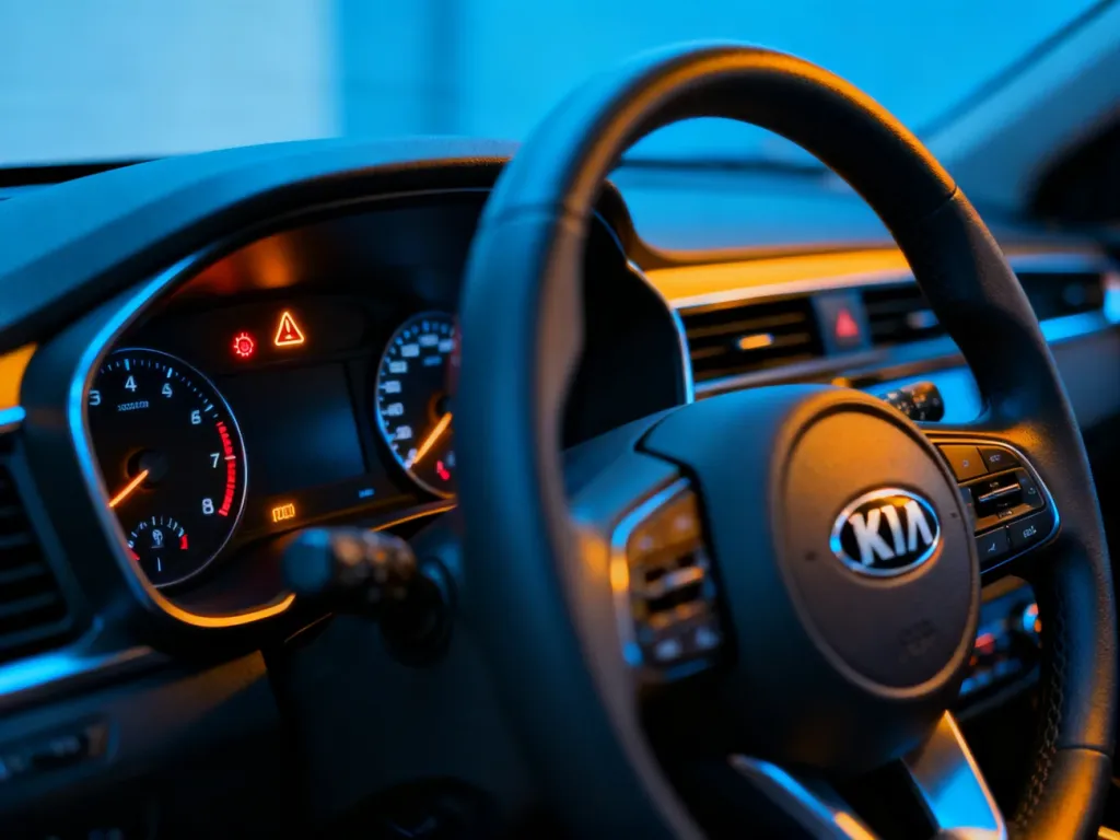 Podświetlone kontrolki na desce rozdzielczej samochodu Kia Sportage, prezentujące stan techniczny pojazdu.
