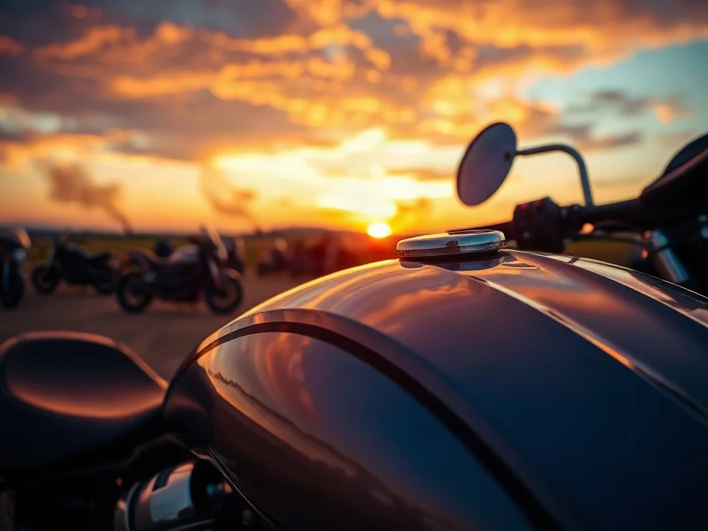 Lśniący zbiornik paliwa motocykla z odbiciem zachodzącego słońca na tle zlotu motocyklowego na otwartym lotnisku.