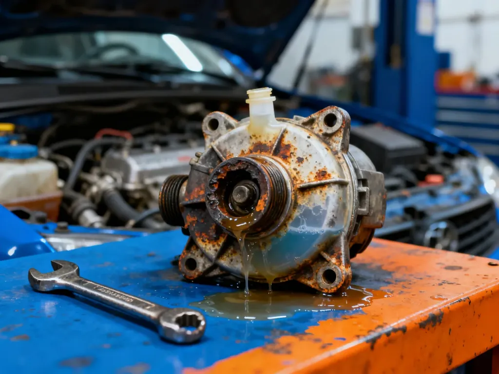 Zdemontowana, skorodowana pompa wody z osadem płynu chłodniczego oraz narzędzia mechanika na tle silnika samochodowego.